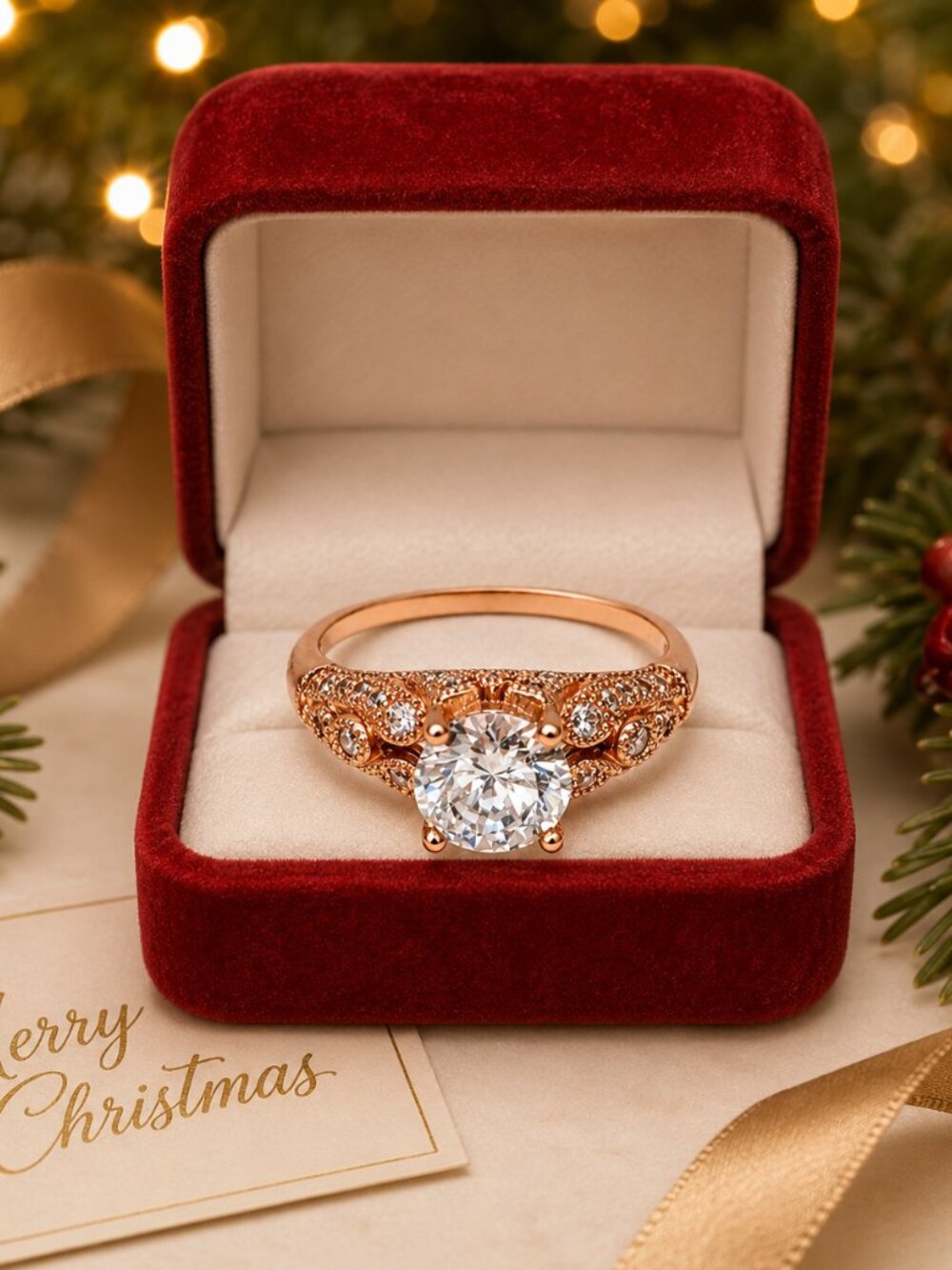Rose Gold-Plated .925 Sterling Silver Round Cubic Zirconia Filigree Ring Sz 7